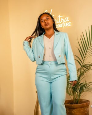 Ensemble veste crop et pantalon bleu turquoise